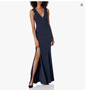 Dress the Population Size Small Sandra V-Neck Full Length Maxi Gown in Navy